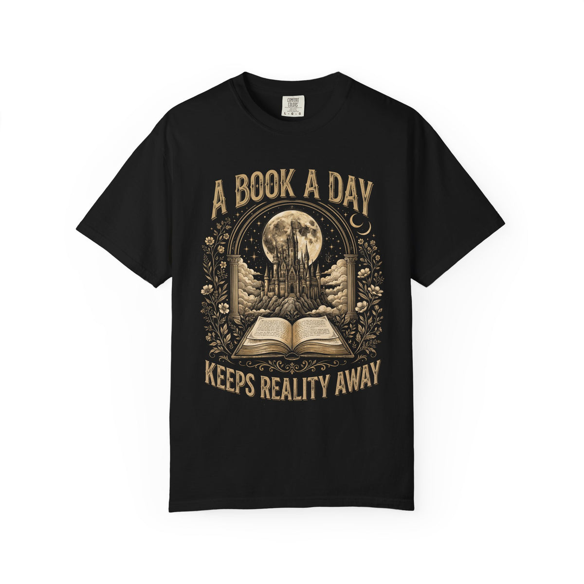 A Book a Day Keeps Reality Away graphic tee in charcoal, gold print of a book, castle and moon
