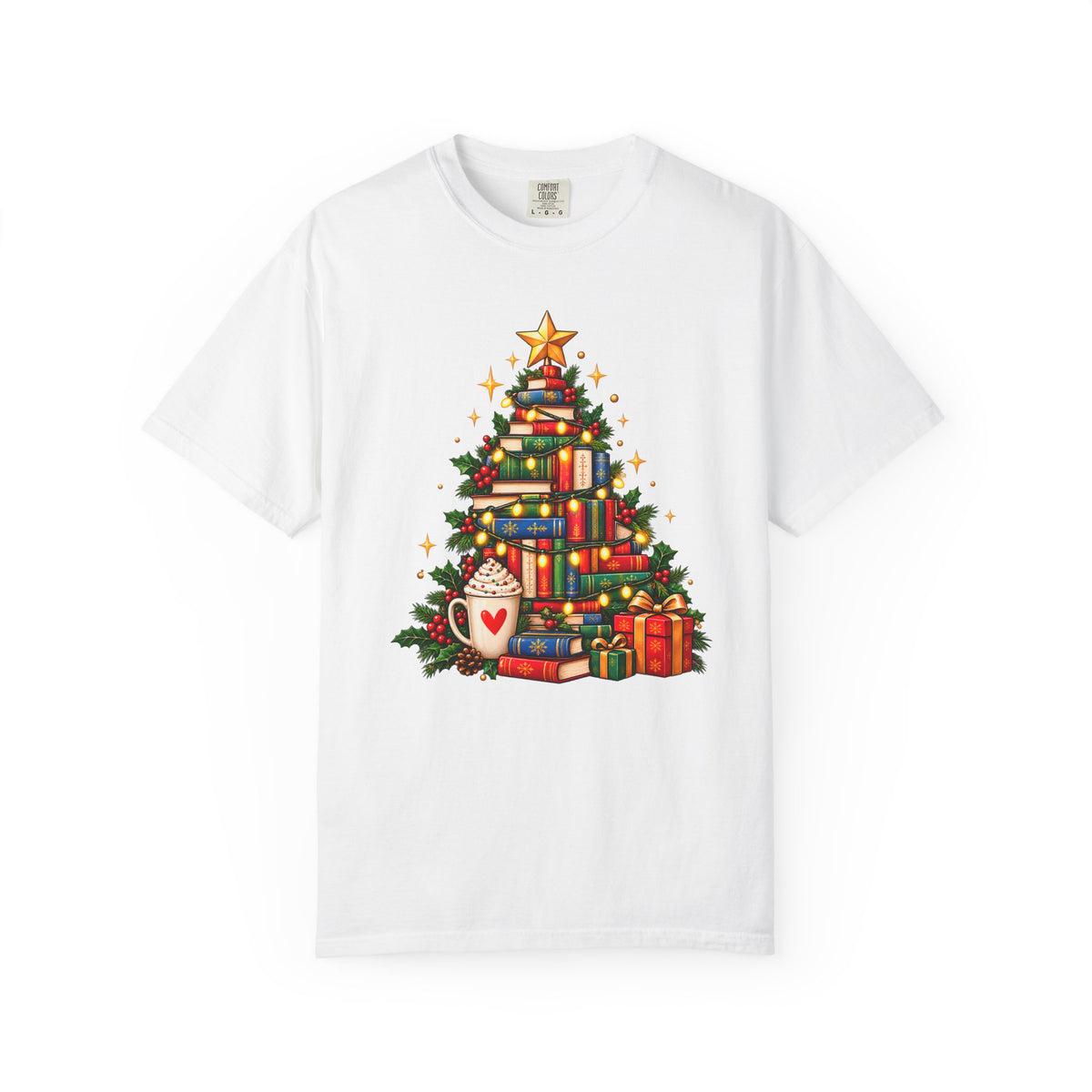 Christmas tree made of stacked colorful books with string lights, gold star, holly, gifts and a cocoa mug with a red heart