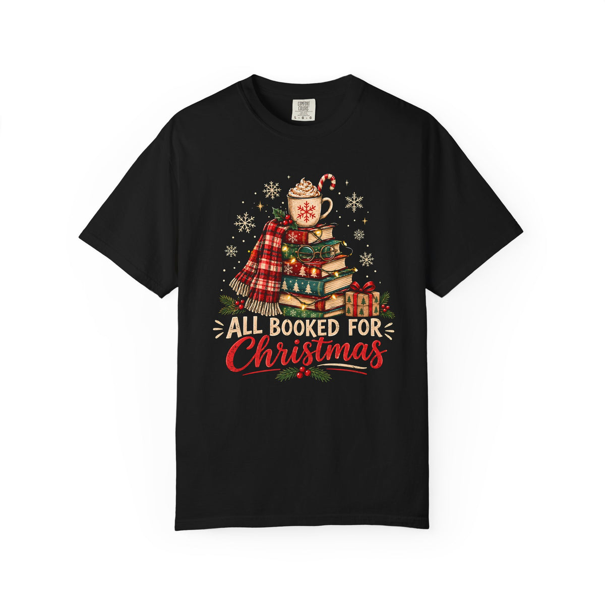 Charcoal gray All Booked for Christmas t-shirt with a Christmas tree made of stacked colorful books