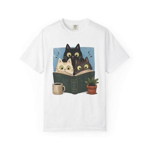 Retro reading cats graphic tee in black, Comfort Colors book lover shirt