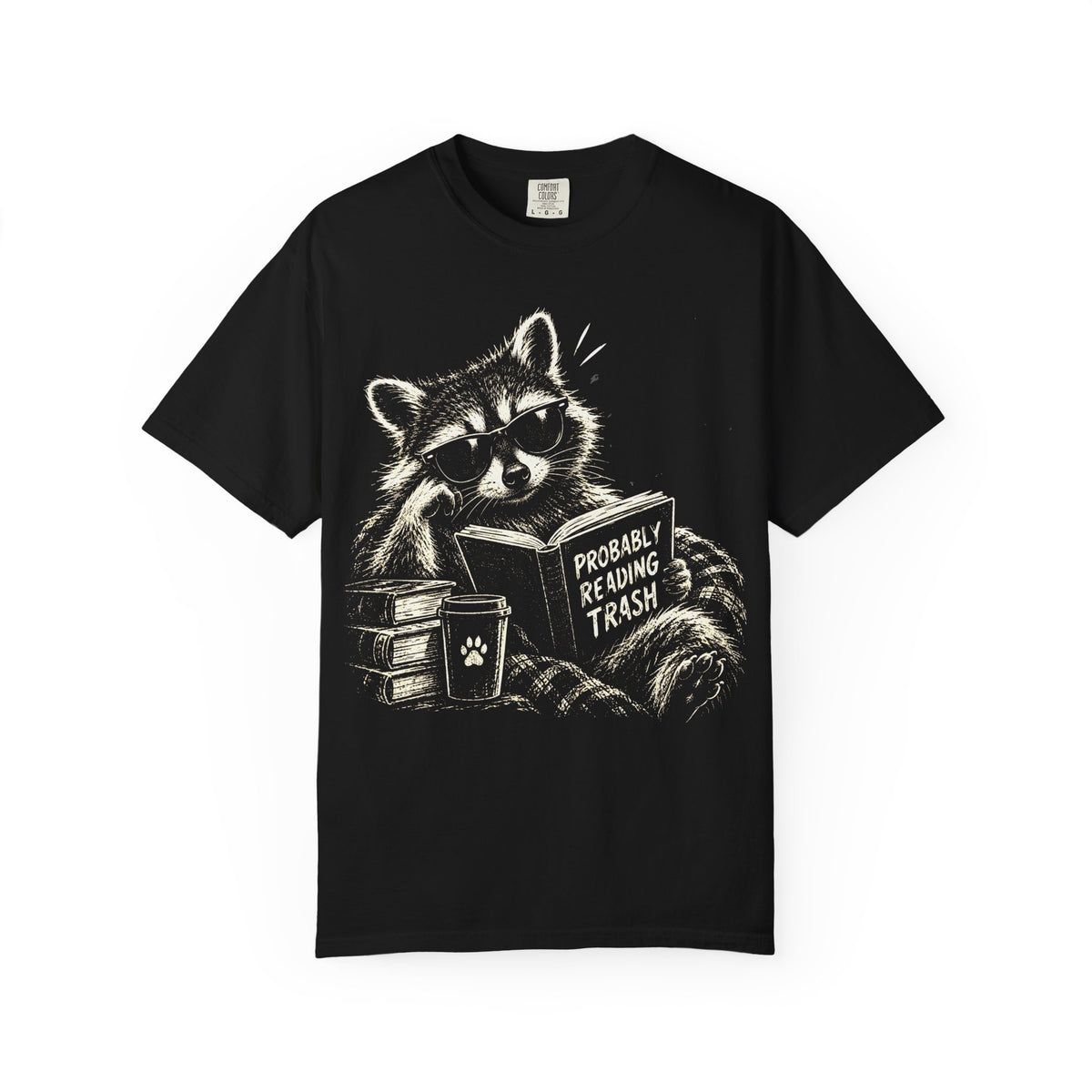 Funny raccoon reading book graphic on black Comfort Colors t-shirt

