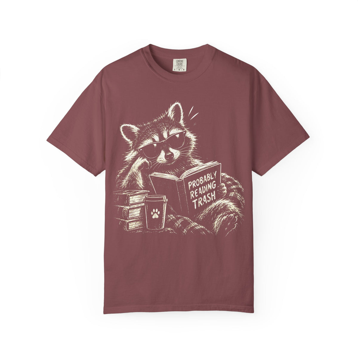 Probably Reading Trash raccoon shirt, Comfort Colors tee
